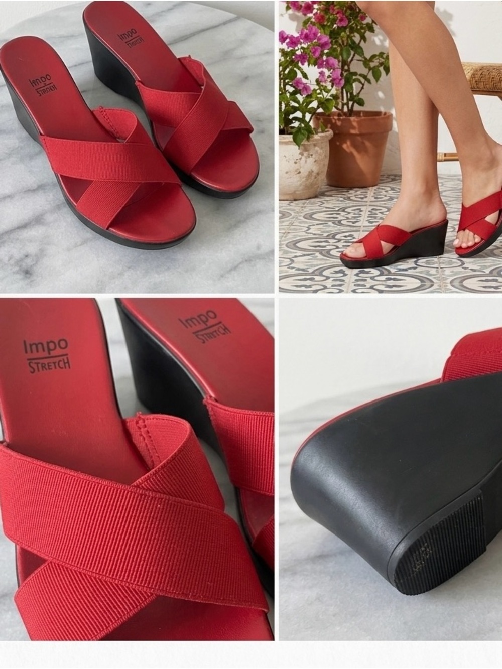 Impo Stretch Red Elastic Crisscross Slide Wedge Sandals Mules 7.5 Retro Comfort